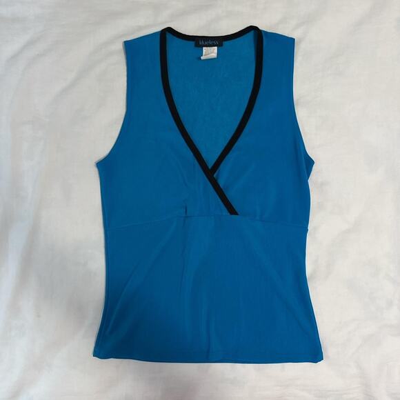 y2k blue wrap v neck contrast trim sleeveless top - Picture 3 of 6